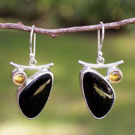 Vintage Dark Stone Silver Earrings-Maryam Jewelry