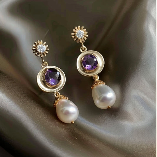 Rounded Golden Purple Zirconia Pearl Earrings-Maryam Jewelry