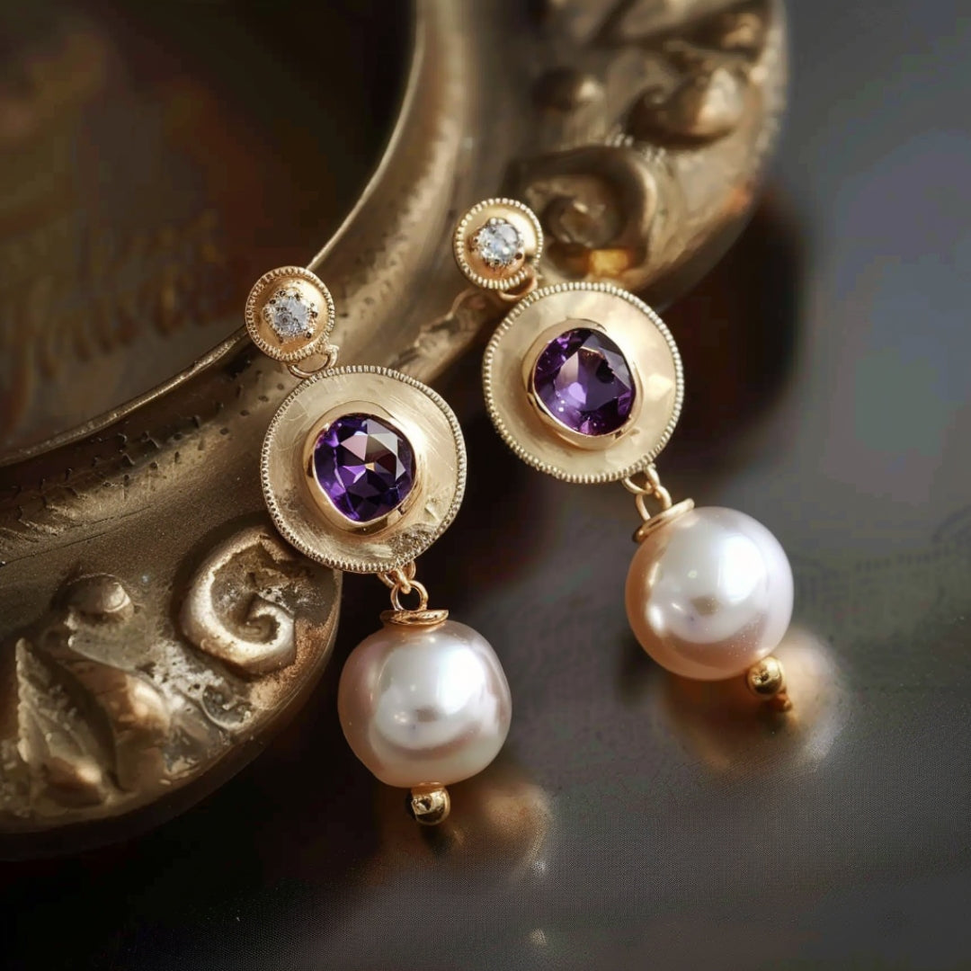 Golden Purple Pearl Earrings-Maryam Jewelry