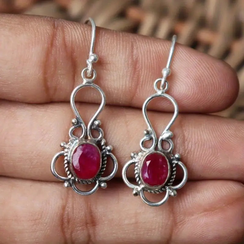 Vintage Garnet Stone Silver Earrings-Maryam Jewelry