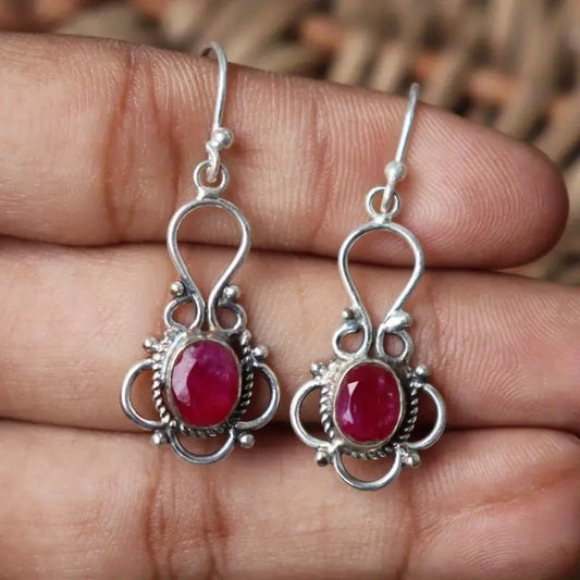 Vintage Garnet Stone Silver Earrings-Maryam Jewelry