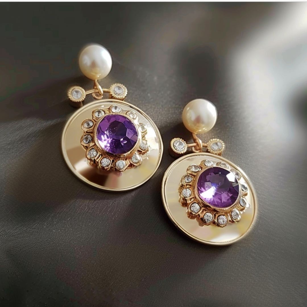 Rounded Golden Purple Zirconia Earrings-Maryam Jewelry