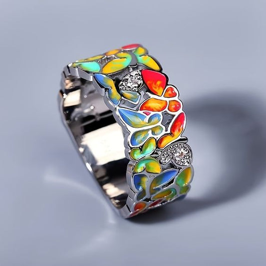 Vintage Enamel Colorful Silver Ring-Maryam Jewelry