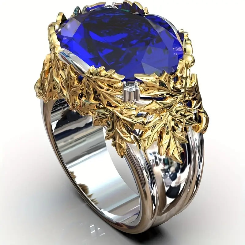 Vintage Blue Glass Golden Leaf Silver Ring-Maryam Jewelry