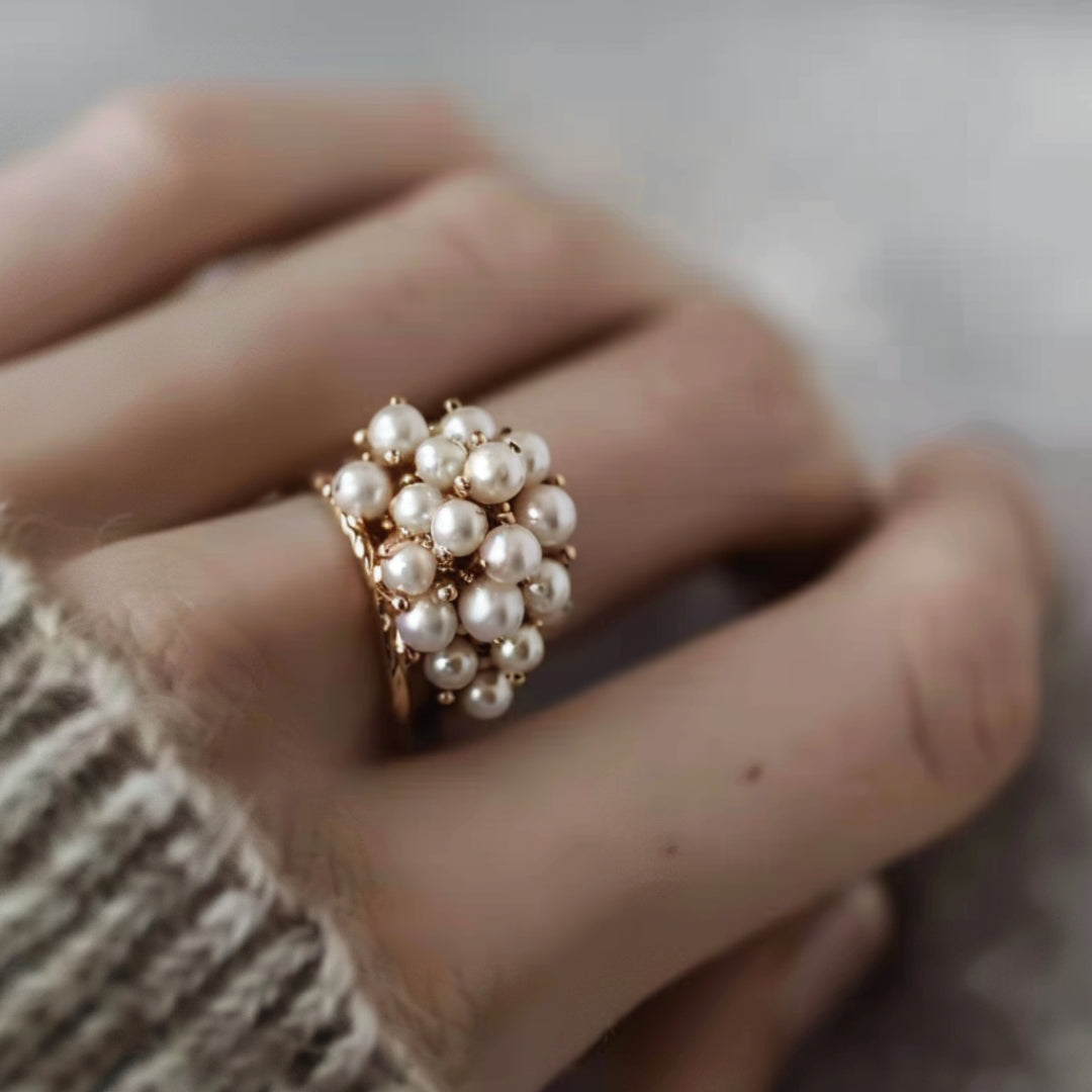 Inlaid Pearls Gold Ring-Maryam Jewelry