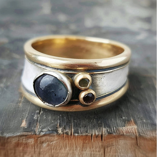 Gold & Silver Inlaid Blue Stone Ring-Maryam Jewelry