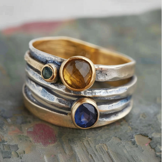 Silver Multicolor Stones Layered Ring-Maryam Jewelry