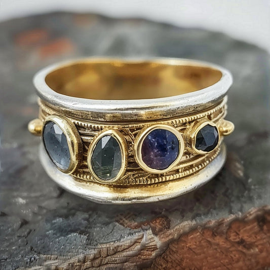 Gold Inlaid Blue Stones Ring-Maryam Jewelry