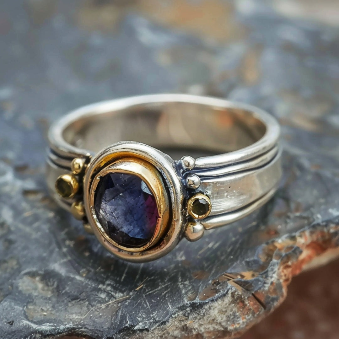 Silver Inlaid Blue Stone Ring-Maryam Jewelry