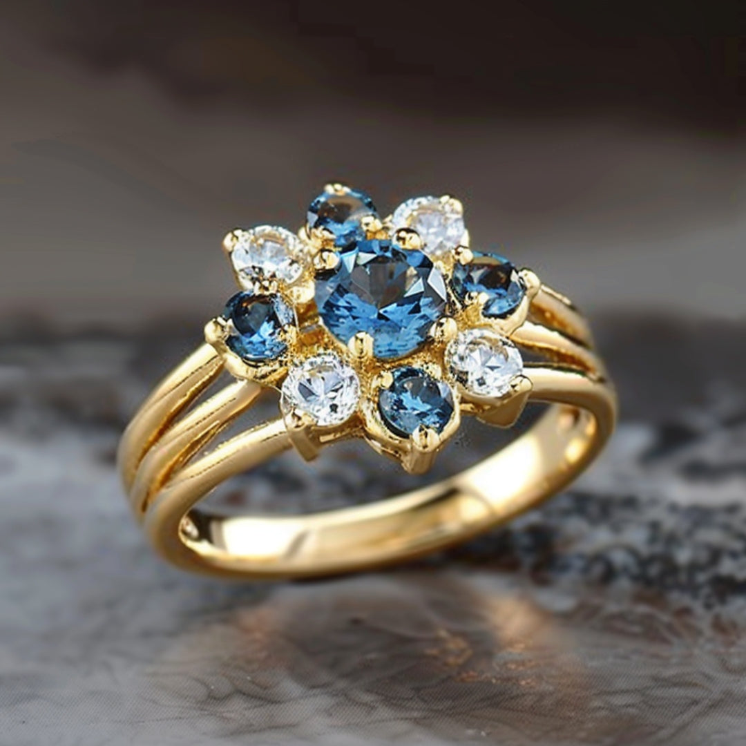 Golden Blue Flower Zirconia Ring-Maryam Jewelry