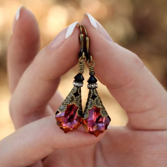 Vintage Red Glass Drop Earrings-Maryam Jewelry