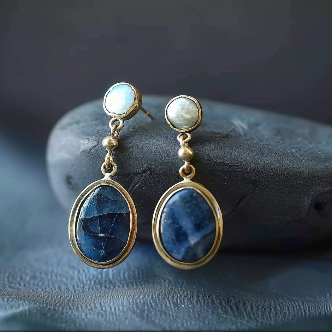 Blue Inlaid Stone Pearl Earrings-Maryam Jewelry