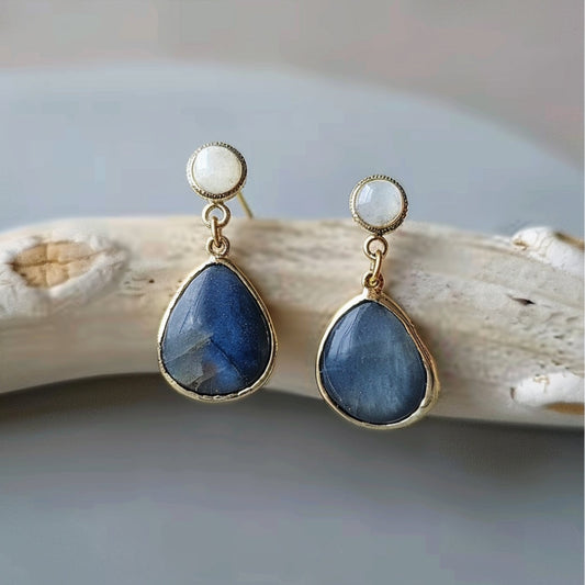 Blue Inlaid Drop Stone Pearl Earrings-Maryam Jewelry