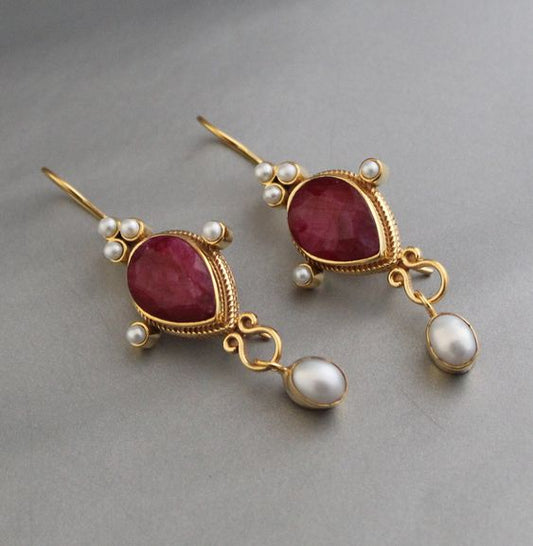 Vintage Ruby Pearl Earrings-Maryam Jewelry