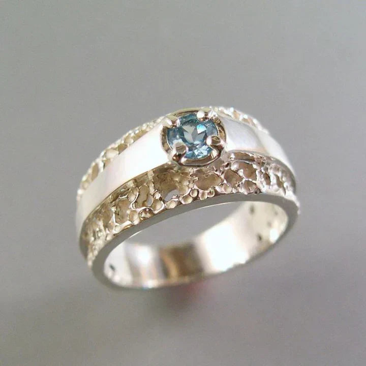 Vintage Hollow Gold & Silver Blue Glass Ring-Maryam Jewelry