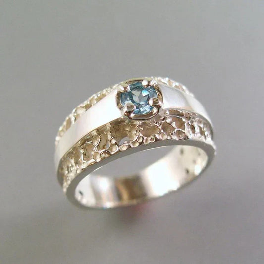 Vintage Hollow Gold & Silver Blue Glass Ring-Maryam Jewelry