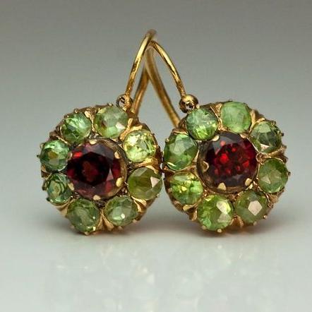 Vintage Rounded Green & Red Crystal Earrings-Maryam Jewelry