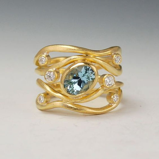 Vintage Layered Blue Glass Golden Ring-Maryam Jewelry