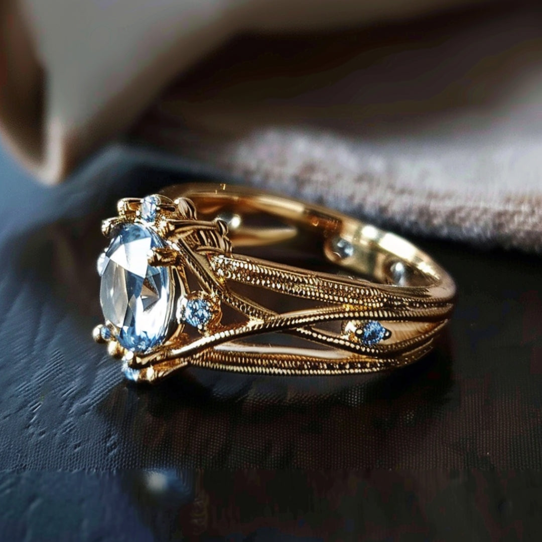 Inlaid Blue Glass Layered Gold Ring-Maryam Jewelry