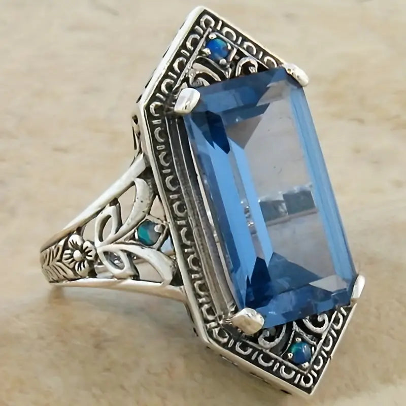 Vintage Blue Glass Silver Hollow Ring-Maryam Jewelry