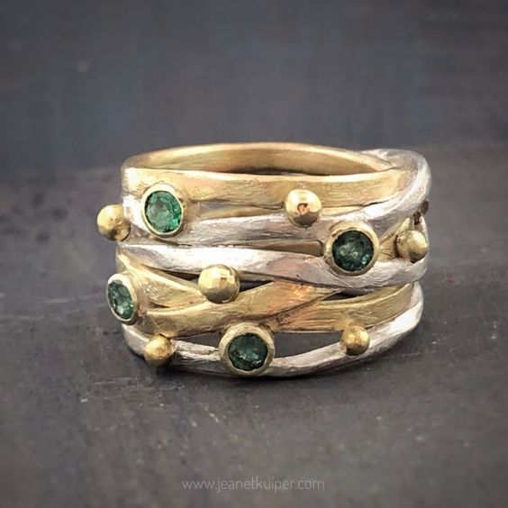 Vintage Layered Green Crystal Gold & Silver Ring-Maryam Jewelry