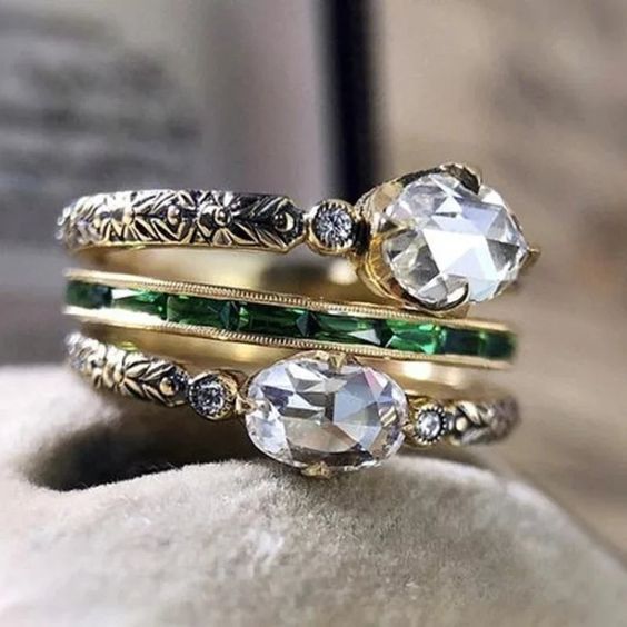 Vintage Layered Gold Green Zirconia Ring Set-Maryam Jewelry