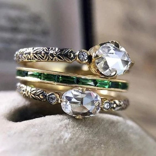 Vintage Layered Gold Green Zirconia Ring Set-Maryam Jewelry