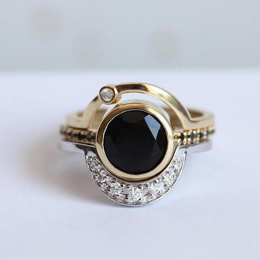 Vintage Black Glass & Zirconia Gold Ring-Maryam Jewelry