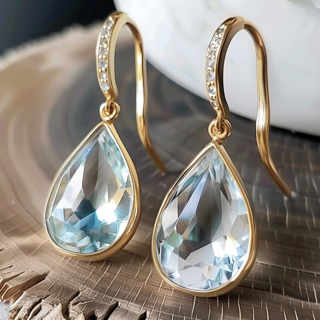 Golden Blue Water Drop Crystal Earrings-Maryam Jewelry