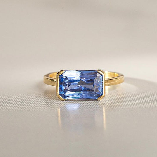 Vintage Rectangular Blue Glass Gold Ring-Maryam Jewelry