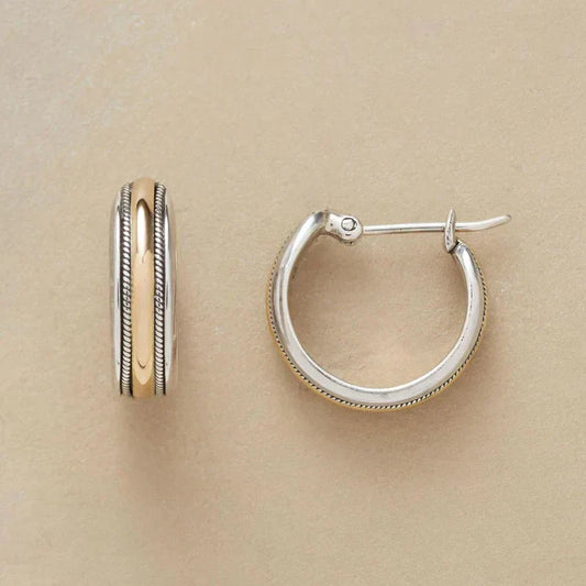 Vintage Golden Line Silver Hoop Earrings-Maryam Jewelry