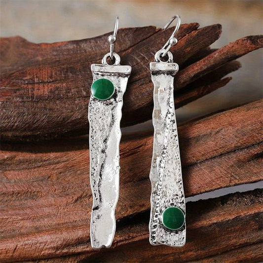 Vintage Rectangular Green Silver Earrings-Maryam Jewelry