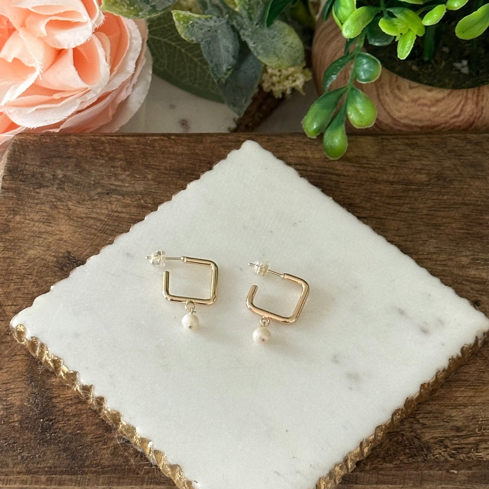 Dalila Square Hoop Pearl Earrings-Maryam Jewelry