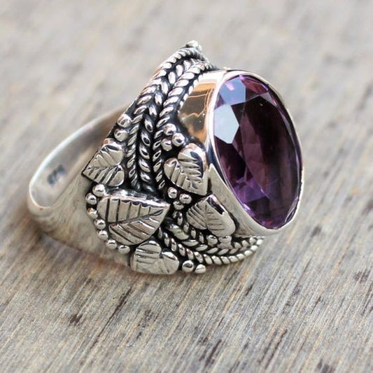Vintage Inlaid Purple Glass Silver Ring-Maryam Jewelry