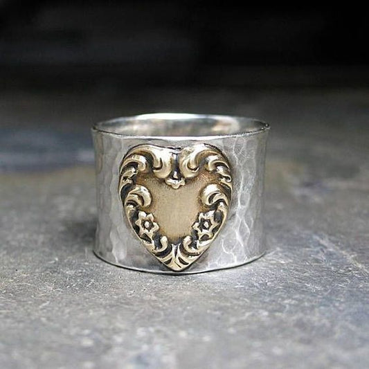 Vintage Silver Golden Heart Ring-Maryam Jewelry
