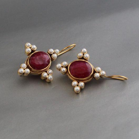 Vintage Red Stone Pearl Earrings-Maryam Jewelry
