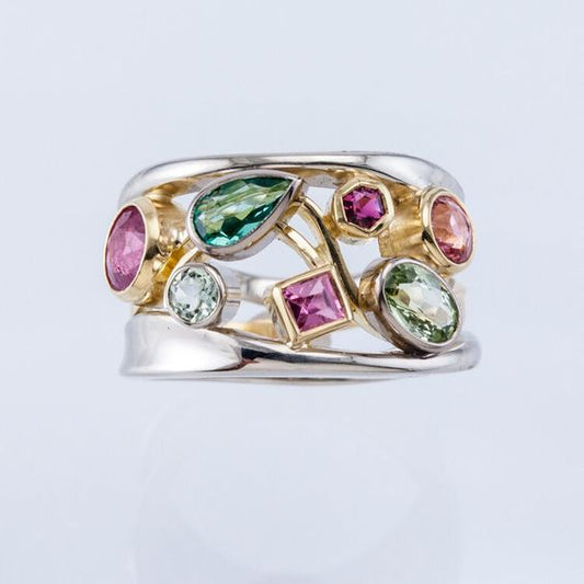 Vintage Colorful Glass Gold & Silver Ring-Maryam Jewelry
