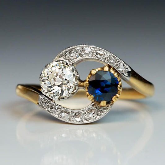Vintage Wavy Blue & White Zirconia Gold Ring-Maryam Jewelry