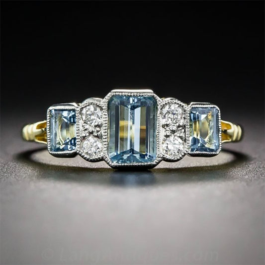 Vintage Blue & White Cubic Glass Gold Ring-Maryam Jewelry