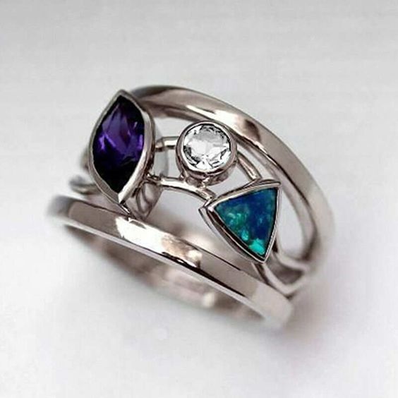 Vintage Blue Crystals Silver Hollow Ring-Maryam Jewelry