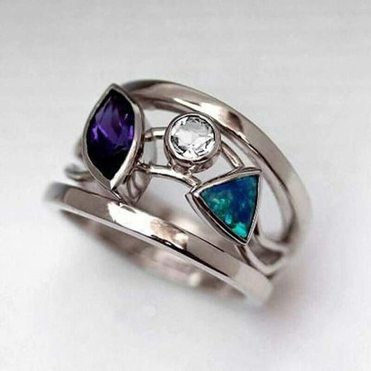 Vintage Blue Crystals Silver Hollow Ring-Maryam Jewelry