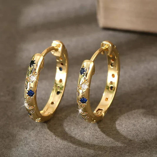 Vintage Blue Hoop Gold Earrings-Maryam Jewelry