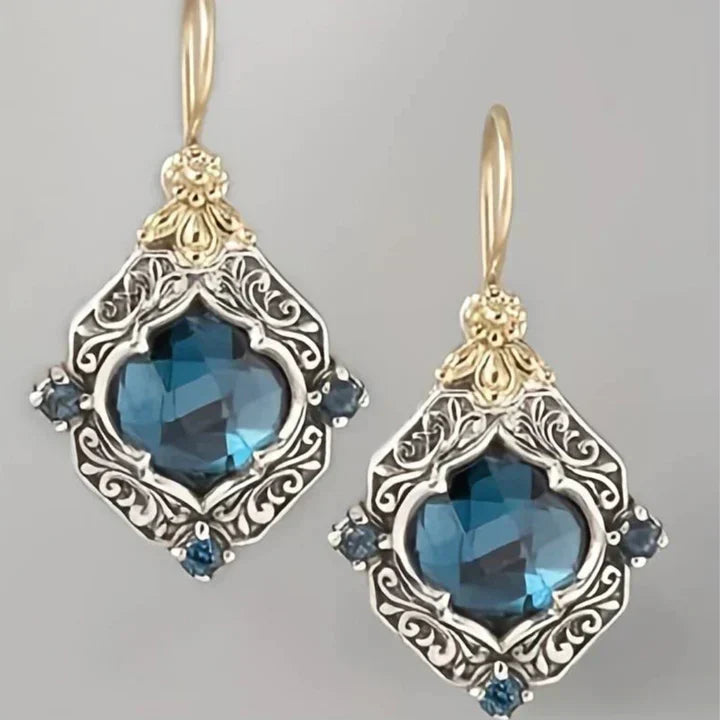Vintage Blue Crystal Gold Earrings-Maryam Jewelry