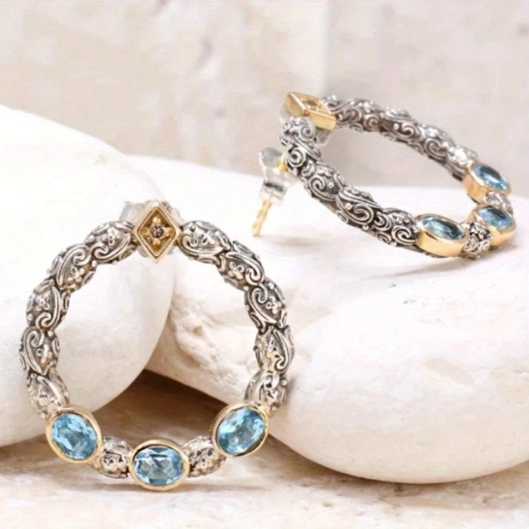 Vintage Inlaid Blue Crystals Earrings-Maryam Jewelry