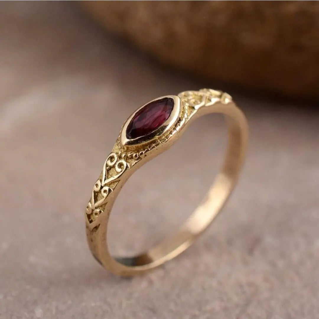 Golden Vintage Ring with Red Crystal-Maryam Jewelry