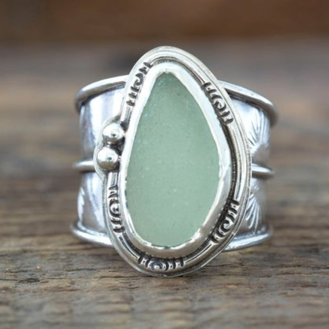 Vintage Green Inlaid Moonstone Ring-Maryam Jewelry