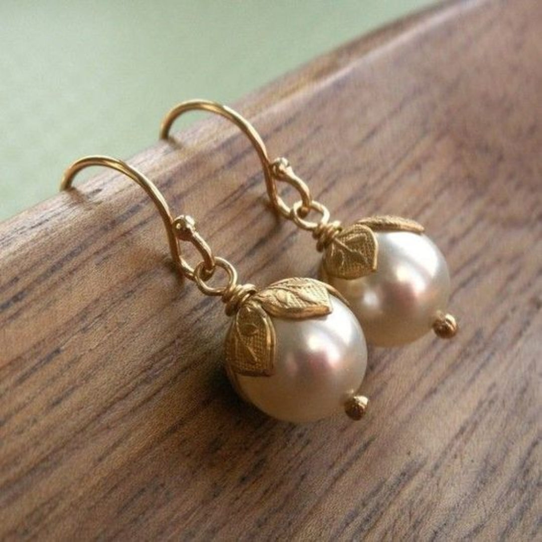 Vintage Gold Leaf Pearl Earrings-Maryam Jewelry