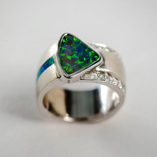 Vintage Bright Green & Blue Opal Ring-Maryam Jewelry