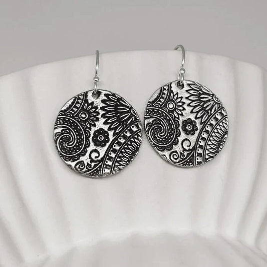 Vintage Rounded Mandala Silvered Earrings-Maryam Jewelry