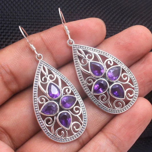 Vintage Purple Drop Glass Mandala Earrings-Maryam Jewelry